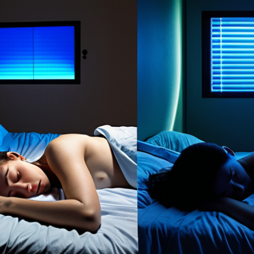 **Prompt 1: Light and Well-being**
    "A split image demonstrating the impact of light on human health and sleep. One side shows a person struggling to sleep, surrounded by bright, blue-toned artificial light from screens at night. The other side portrays a calm bedroom with warm, dim lighting, where a person is peacefully sleeping, showcasing the benefits of appropriate light for circadian rhythm."